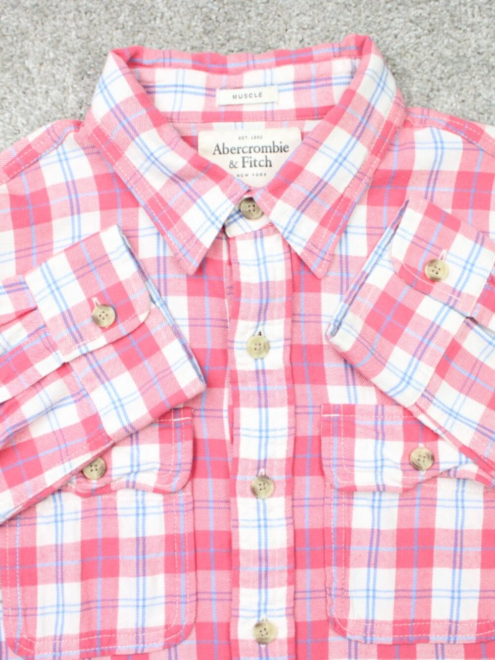 Abercrombie & Fitch Shirt Mens Large Pink/Blue Muscle Fit Cotton Long Sleeve Y2K